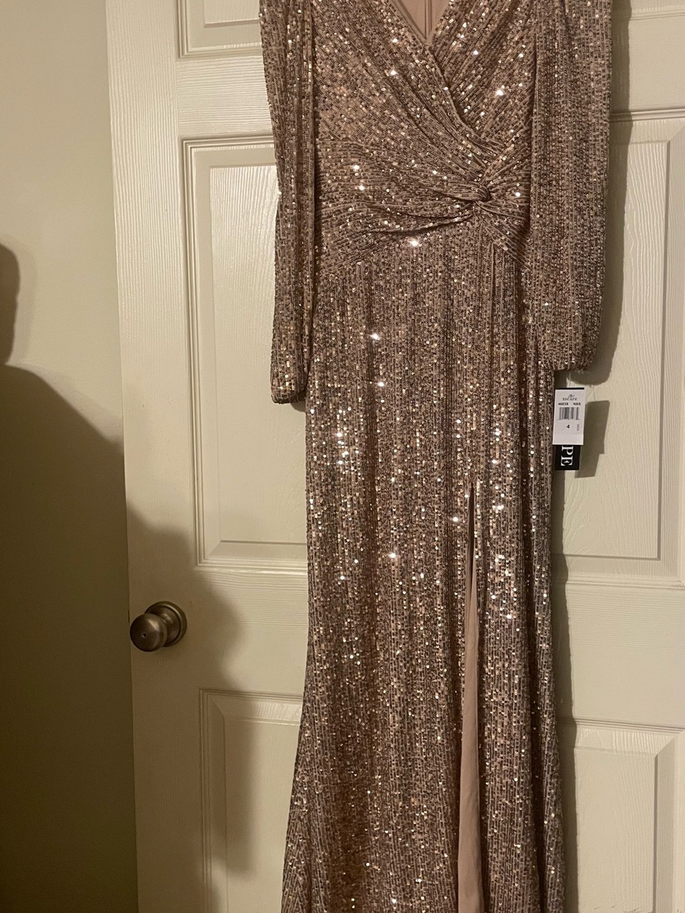 Xscape Rose Gold Sequin Gown with Long Sleeves